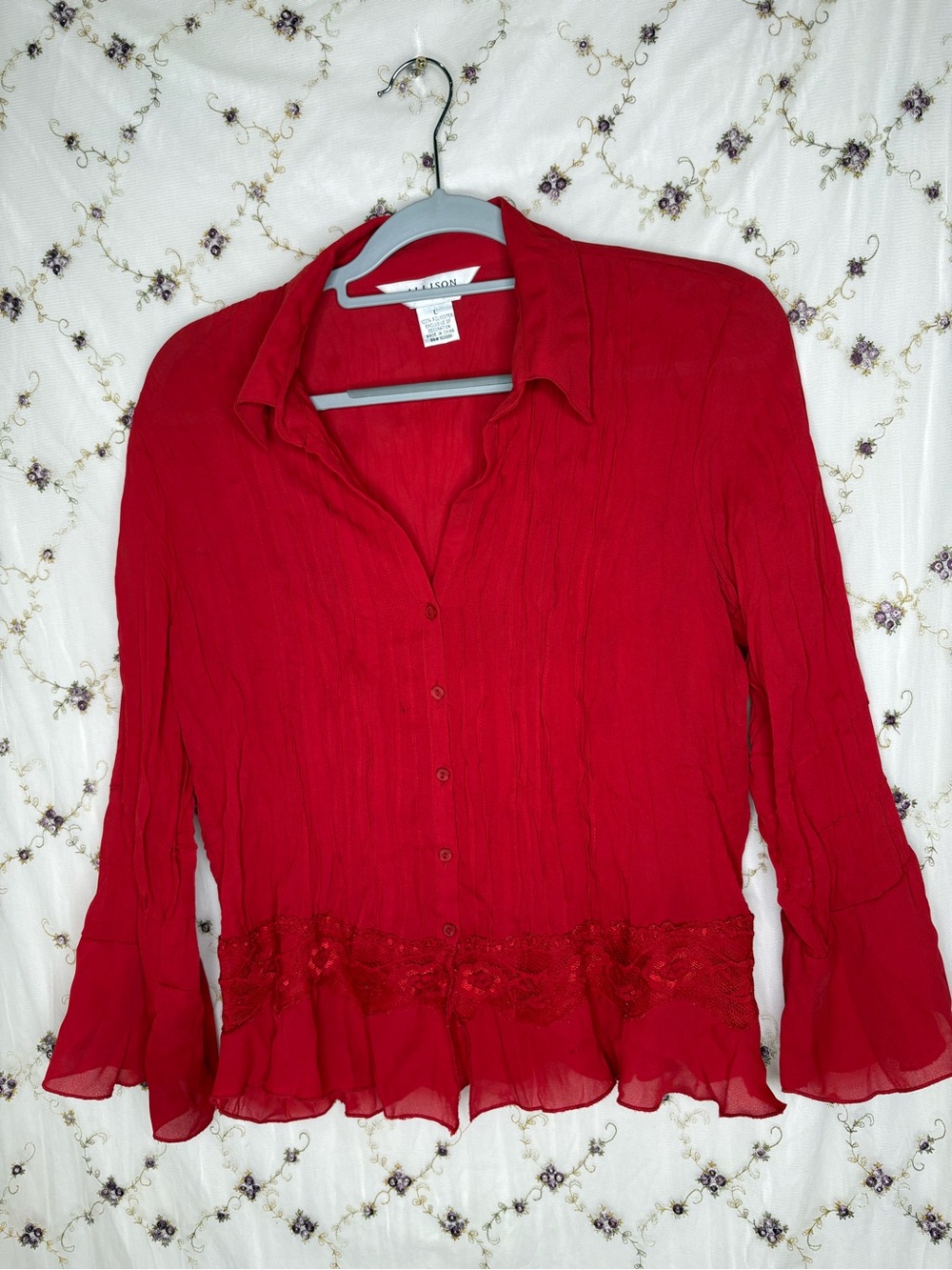 Women’s Red Button-Front Blouse with Lace Trim